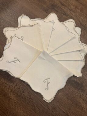 Monogrammed Linen Cocktail Napkins, Initial 'F', Cream with Gray Trim - Set of 8